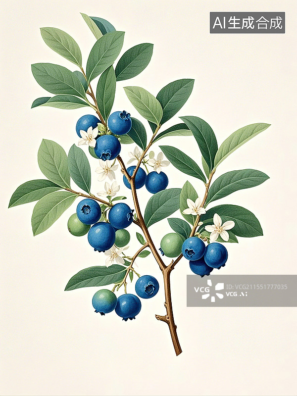 【AI数字艺术】蓝莓植物花卉复古插画图片素材