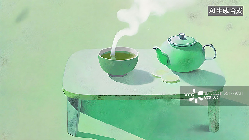 【AI数字艺术】烟青色水墨画 茶道茶文化插画，手绘国风装饰插画，绿色茶壶和茶杯 中国风产品展示台创意图 横版图片素材