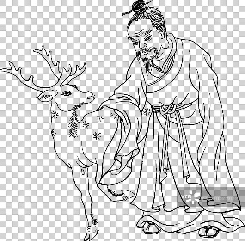 梅花鹿，寿星，南极仙翁，封神演义神仙小说人物插画图片素材