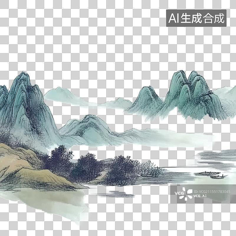 【AI数字艺术】中国风山水水墨淡雅风水墨画元素图片素材