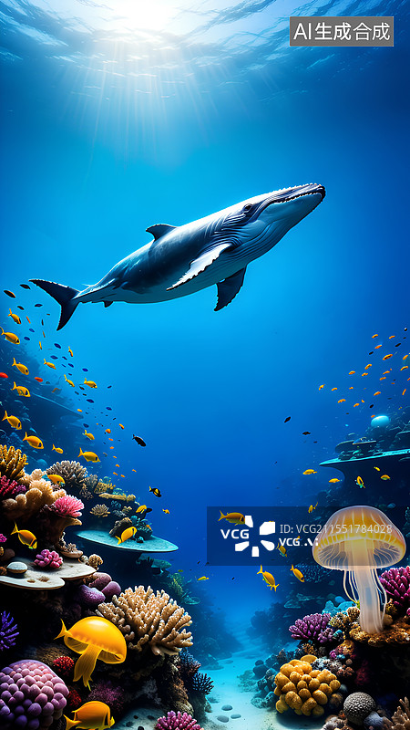 【AI数字艺术】神秘的海底世界，五彩斑斓的珊瑚礁，穿梭其中的鲸鱼和热带鱼群图片素材
