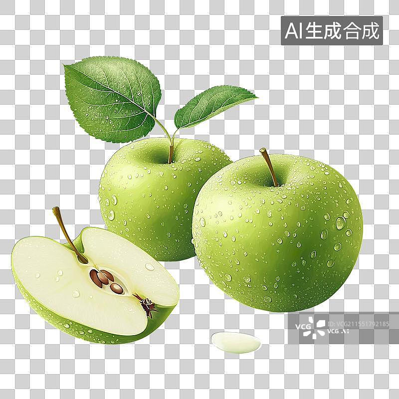 【AI数字艺术】新鲜绿色苹果切片与叶子图片素材