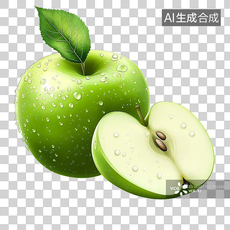【AI数字艺术】新鲜绿色苹果切片与叶子图片素材