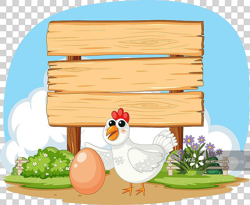 卡通鸡在蛋旁边和空白的告示牌图片素材