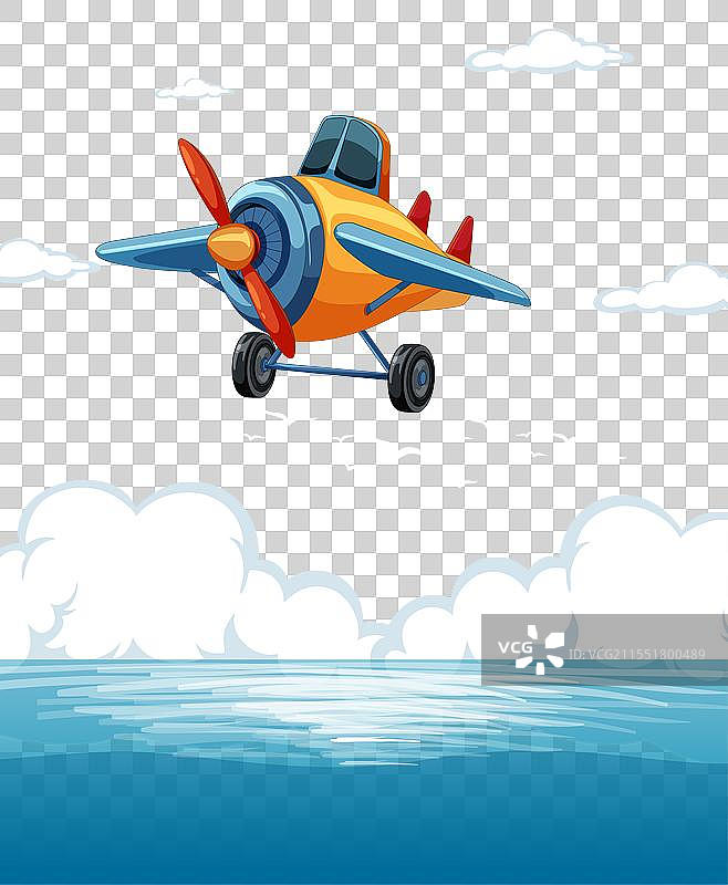 色彩斑斓的螺旋桨飞机在晴朗的天空中飞行图片素材