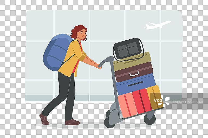 女游客拖着行李走过机场图片素材