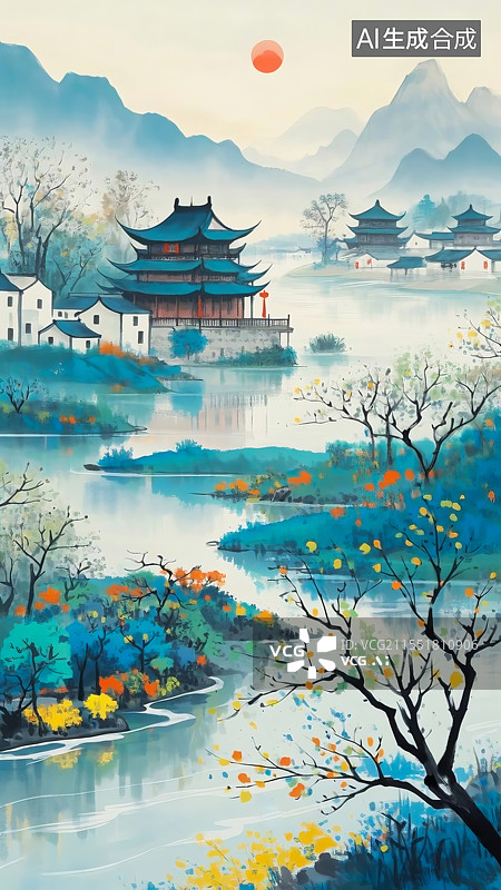 【AI数字艺术】春天中式山水建筑插画图片素材