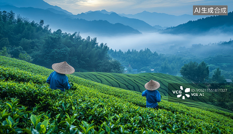 【AI数字艺术】茶农在茶园中采茶图片素材
