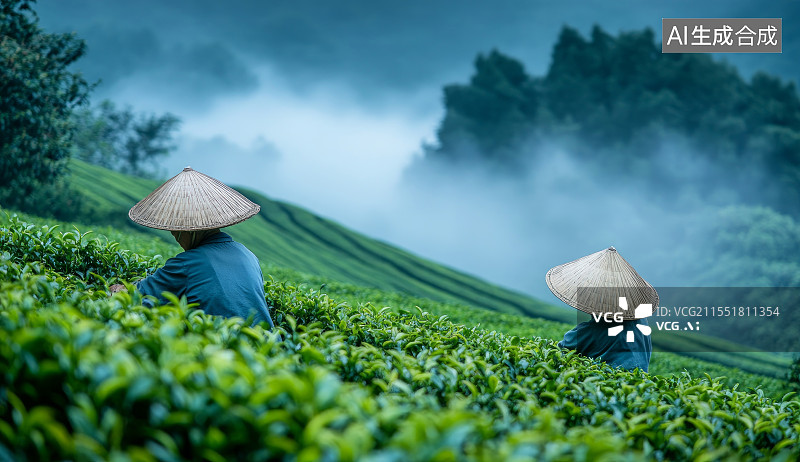 【AI数字艺术】茶农在茶园中采茶图片素材