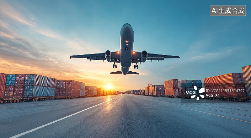 【AI数字艺术】集装箱码头与飞机，进出口全球贸易概念图片素材