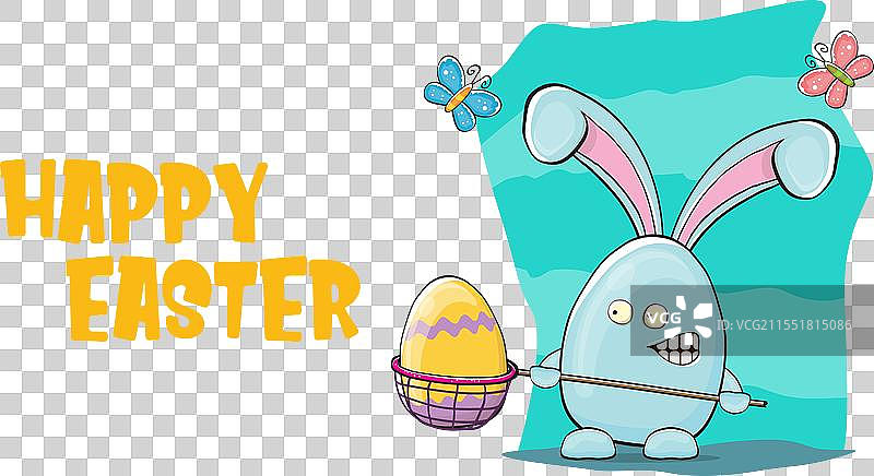 快乐复活节贺卡，带有搞笑的蓝色卡通形象图片素材