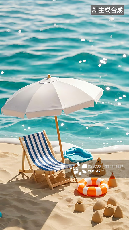 【AI数字艺术】夏天海边度假场景三维插画图片素材