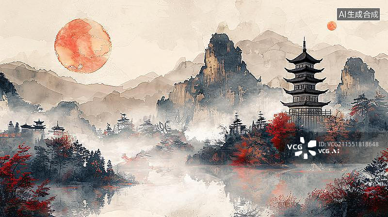 【AI数字艺术】国风水墨诗意山水 东方意境唯美画卷图片素材