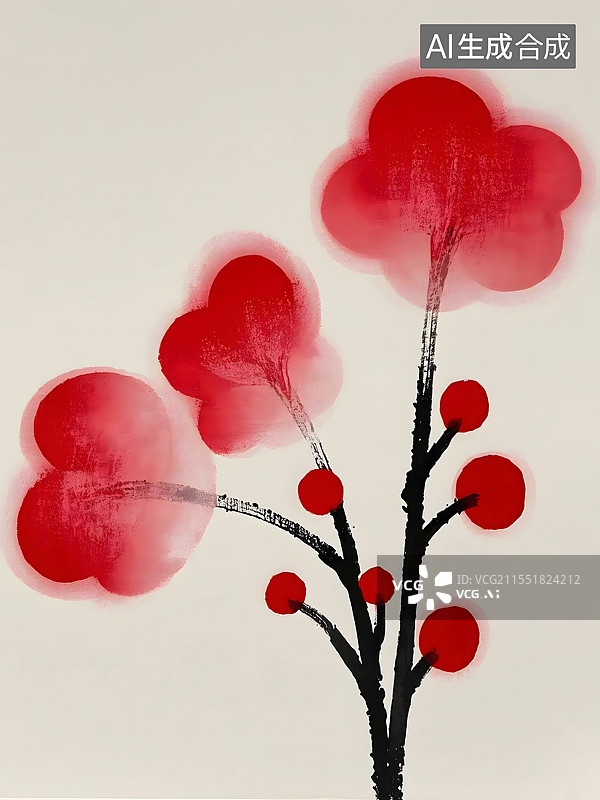 【AI数字艺术】水墨勾勒的红梅花枝，花瓣晕染间尽显中式写意之美图片素材