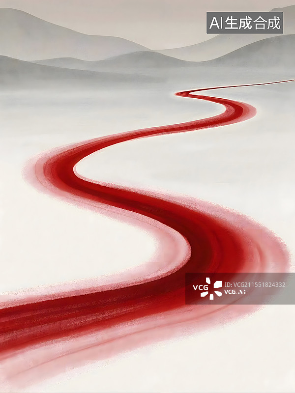 【AI数字艺术】苍茫天地间蜿蜒红径，于灰白底色中独绽绮丽图片素材