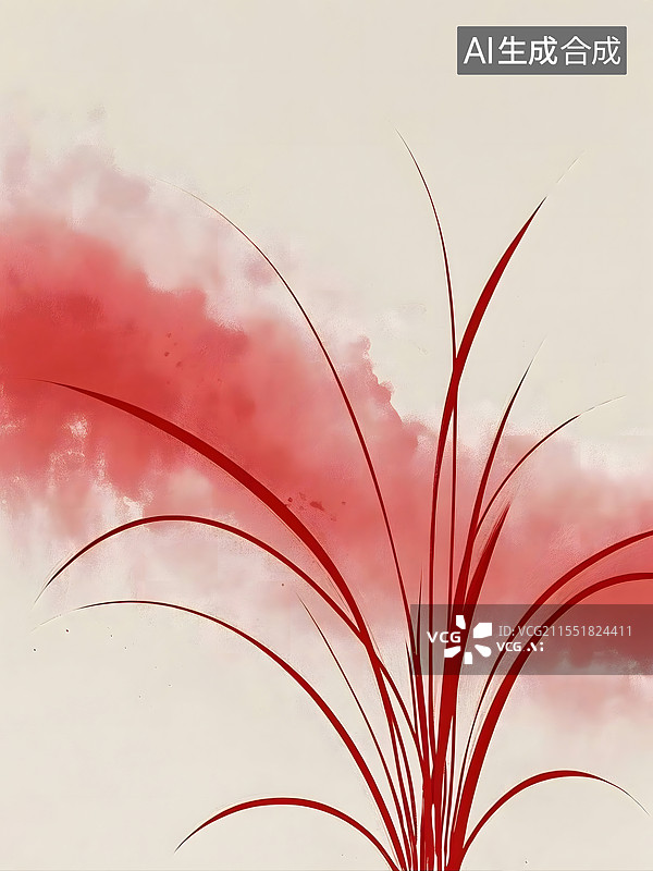 【AI数字艺术】水墨风格中红色线条勾勒的草，于淡粉背景前舒展图片素材