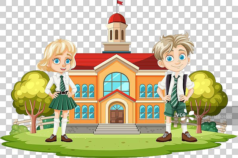 两个卡通儿童站在学校前面图片素材