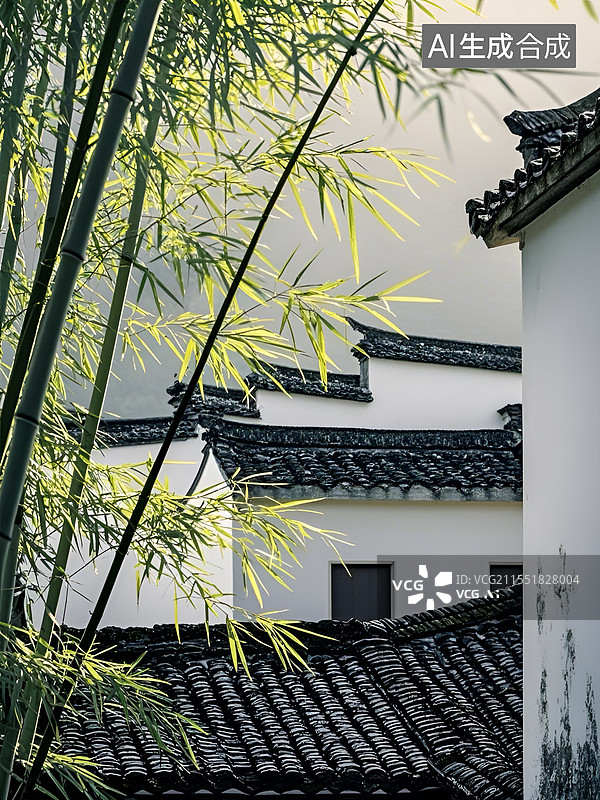 【AI数字艺术】徽派建筑旁的竹子图片素材