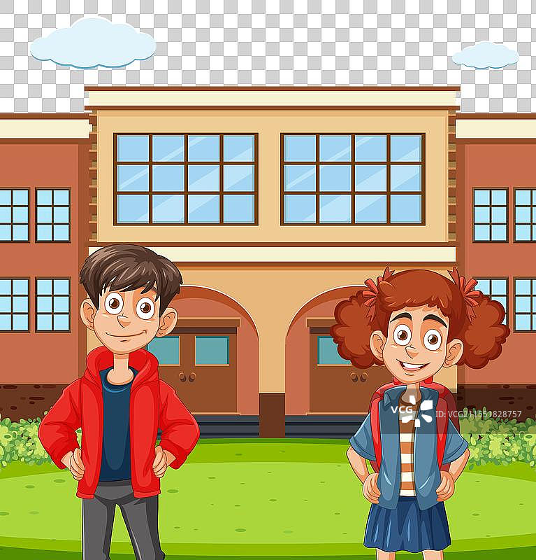 两个卡通小孩在学校前面微笑图片素材