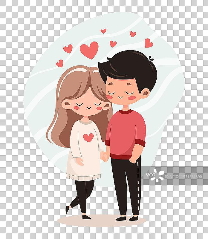 一对相爱的年轻卡通情侣，女孩和男孩。图片素材