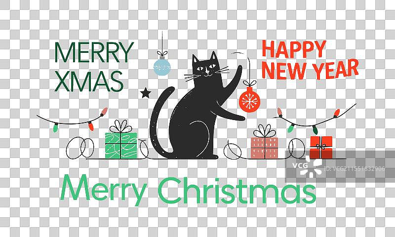 节日气氛中的黑猫圣诞节图片素材