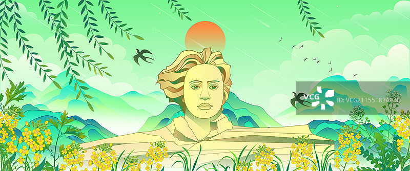 长沙橘子洲头毛泽东同志国风雕像春天矢量插画图片素材