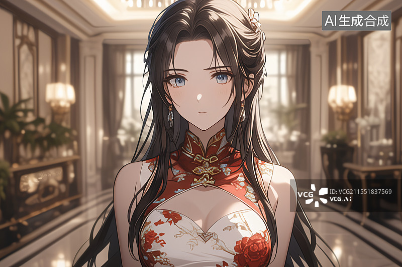 【AI数字艺术】插画中身着旗袍的美女站在中式现代装修的室内，融合优雅、文化与精致，适合作为小说或图书封面设计图片素材