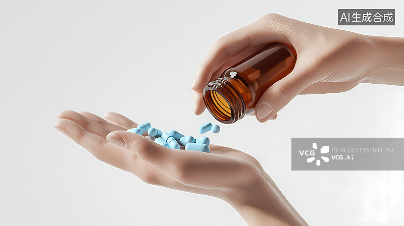 【AI数字艺术】双手倾洒瓶中蓝色药丸图片素材