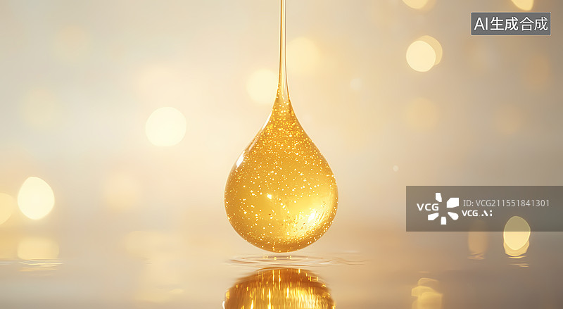 【AI数字艺术】金色精华液滴悬垂闪烁梦幻光影图片素材