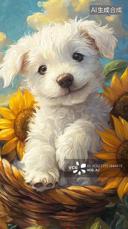【AI数字艺术】向日葵中的小狗图片素材