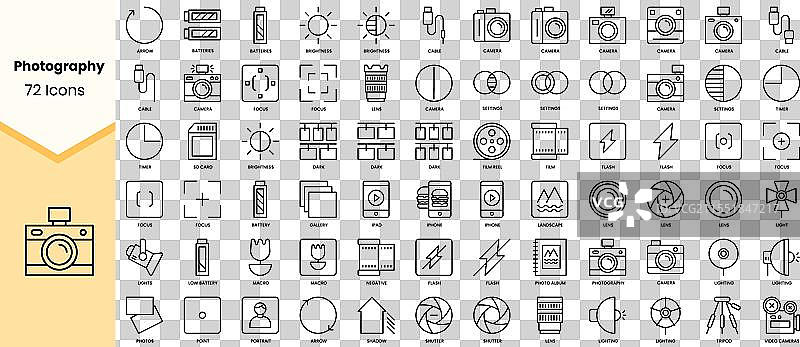 一组摄影图标，简单线条艺术风格图片素材