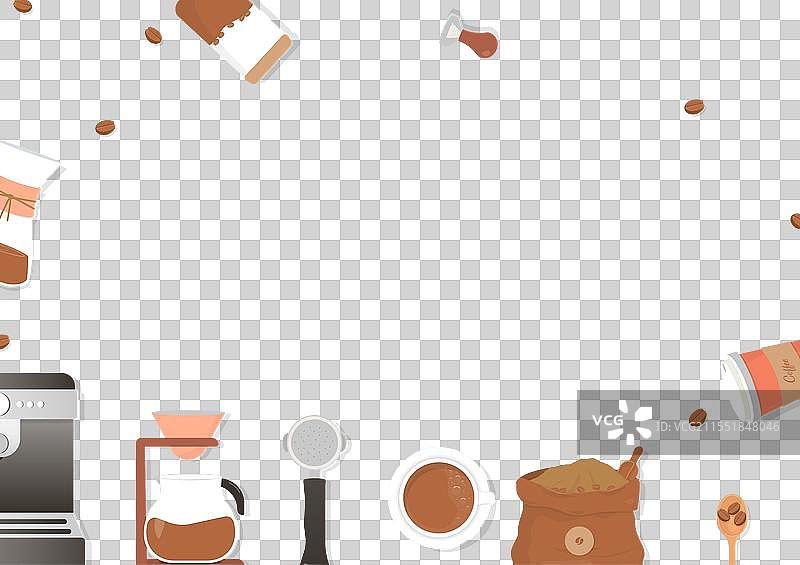 米色背景上的咖啡机和工具图片素材