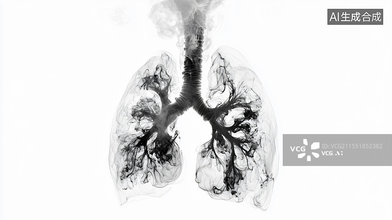 【AI数字艺术】白色背景下的3D人肺，部分被烟雾覆盖，象征吸烟对健康的影响和戒烟的重要性。适用于健康宣传、戒烟运动和图片素材