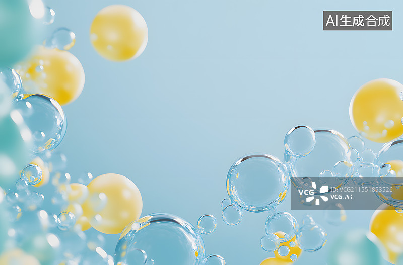 【AI数字艺术】透明色和黄色球体泡泡生物学科学细胞分子液体概念图图片素材