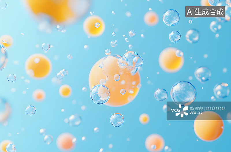 【AI数字艺术】透明色和黄色球体泡泡生物学科学细胞分子液体概念图图片素材