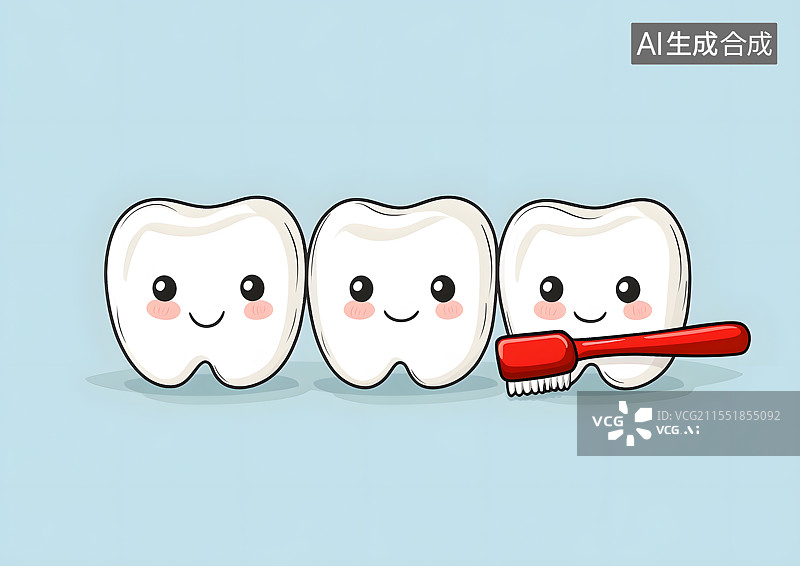 【AI数字艺术】三个卡通风格牙齿和一把牙刷，牙龈牙齿口腔健康图片素材