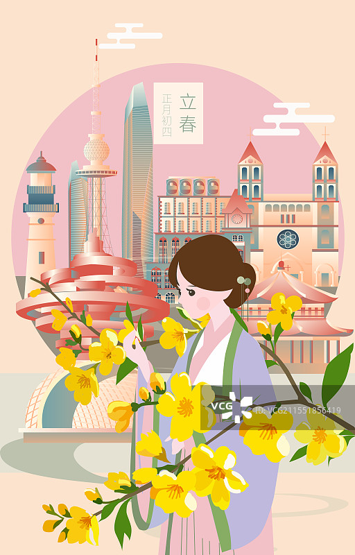 青岛二十四节气立春惊蛰清明城市建筑竖版矢量插画图片素材
