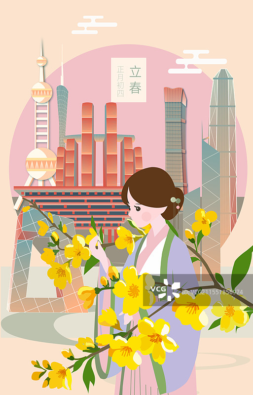 二十四节气立春惊蛰清明全国现代城市建筑横版矢量插画图片素材