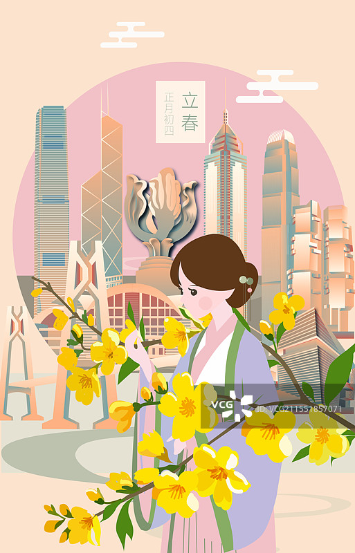 香港二十四节气立春惊蛰清明城市建筑竖版矢量插画图片素材