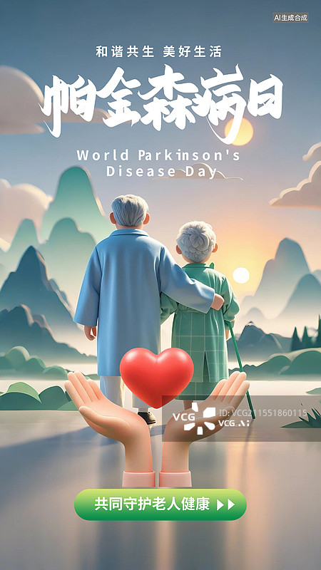 【AI数字艺术】3D渲染国风简约世界帕金森病日海报banner微信公众号图图片素材