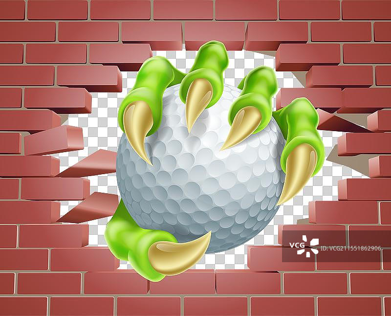 爪子与高尔夫球穿破砖墙图片素材