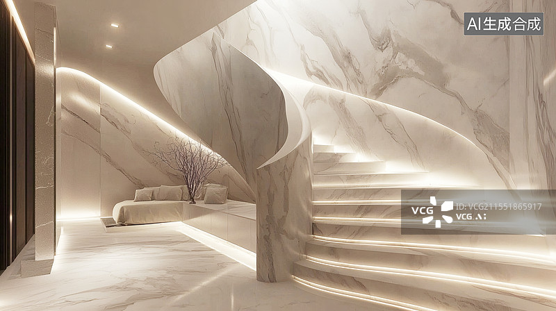 【AI数字艺术】AIGC：大理石旋转楼梯，豪华室内装修设计吧背景图片素材