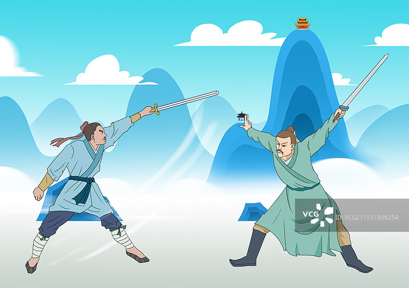 中国风新中式古风古典传统文化古装古人古代古时候历史文化传统武侠英雄剑客比武武功山川风水资讯插画图片素材