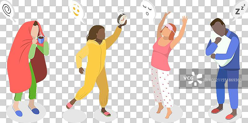 3D等距平面风格的穿着睡衣的人物集合图片素材