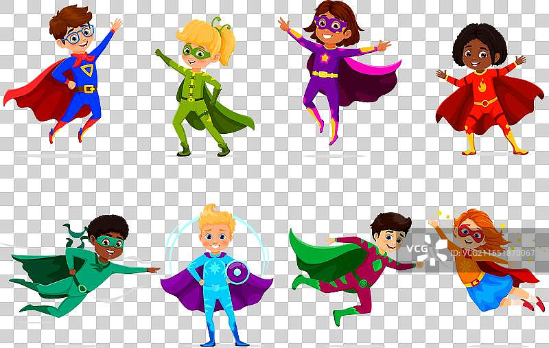 卡通儿童超级英雄角色，男孩和女孩图片素材