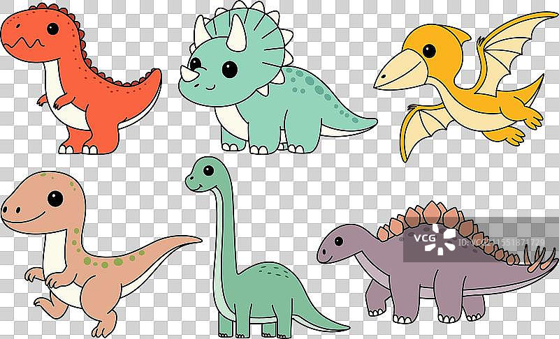 一组可爱的恐龙涂色页，孤立在白色背景上图片素材