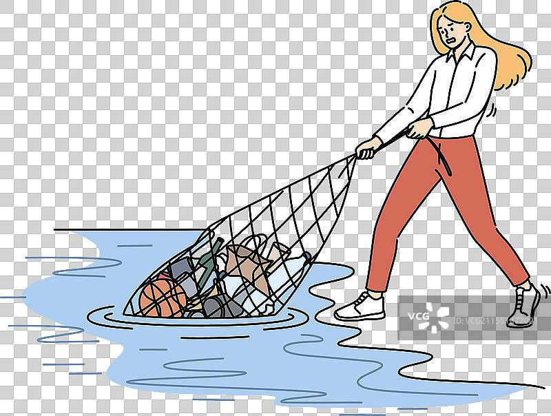 女性环保活动家从海洋中捞出垃圾图片素材