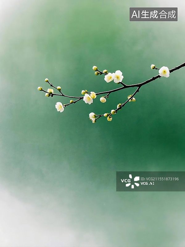 【AI数字艺术】唯美写意：绿幕背景下洁白梅花绽放枝头 花苞点缀更添生机图片素材