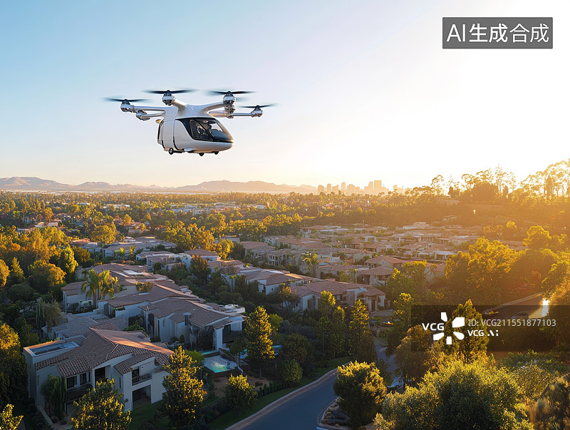 【AI数字艺术】无人机自动驾驶飞机行驶在城市上空图片素材