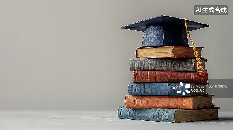 【AI数字艺术】叠放的一摞书和学士帽，教育主题背景图片素材